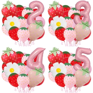 Strawberry Daisy Foil Latex Balloons Pink Number Shape Birthday Party Decorations Fruit Theme
