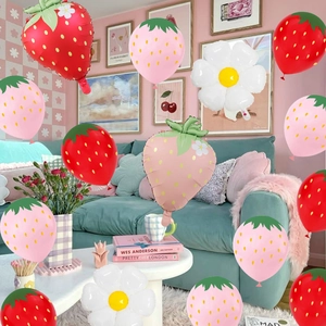 Strawberry and daisy balloon set with matte red and pink foil fruits for party decor