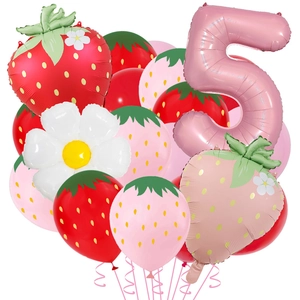 Detail of strawberry balloons set with number five for kids birthday party decoration