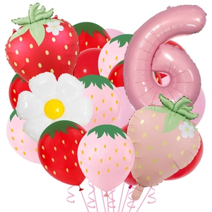 Detailed set of strawberry themed party balloons including a pink number 6 and daisies