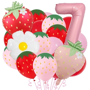 Detailed set of matte strawberry balloons and pink number 7 for kids birthday decor