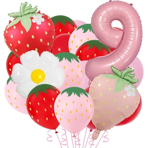 Detailed strawberry party kit with red and pink foil balloons for 9th birthday decor