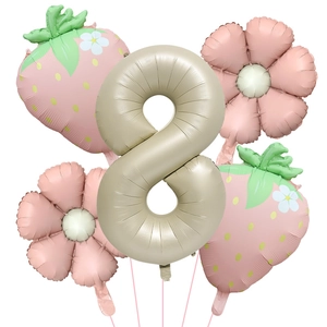 Set of 5 matte cream strawberry foil balloons including number 8 for birthday parties