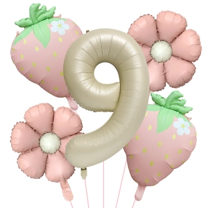 Matte cream strawberry balloon set with beige number 9 for kids birthday party decor