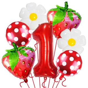 Set di palloncini primo compleanno tema fragola con numero uno rosso e margherite