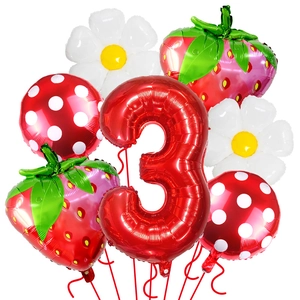Set di palloncini fragola con numero 3 gigante e margherite per festa di compleanno