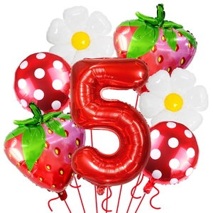 Set 7 palloncini fragola con numero 5 rosso per decorazione compleanno bimba 5 anni