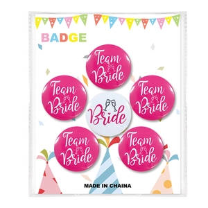 Set of 6 Team Bride and Bride to Be tinplate badges with party backing card packaging