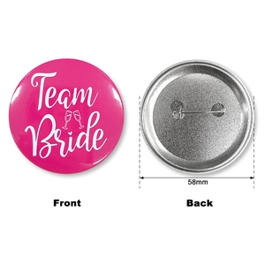 58mm Team Bride tinplate badge with champagne glass icon for bachelorette party decor