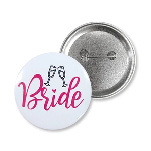 Front and back view of white Bride to Be tinplate badge with pin for wedding party