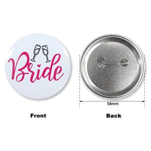 Detailed front and back views of a 58mm Bride tinplate badge for bachelorette parties