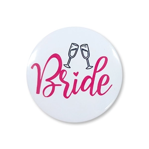 White Bride to be tinplate badge with pink script and champagne toast for bridal parties