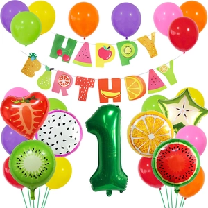 Hawaiian fruit theme birthday party set with balloons, letter banner, and number 1 foil balloon
