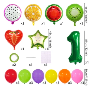 Macro shot of 18-inch fruit foil balloons and colorful latex party balloon set