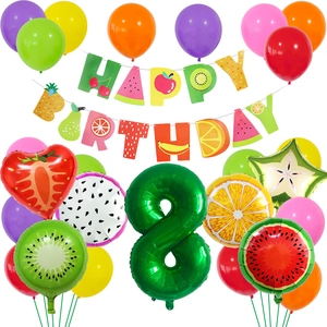 Hawaiian fruit theme birthday party set with number 8 balloon and colorful latex balloons