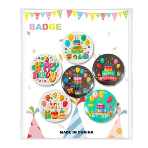 Detail of 6 happy birthday badges with colorful balloon and cake party designs
