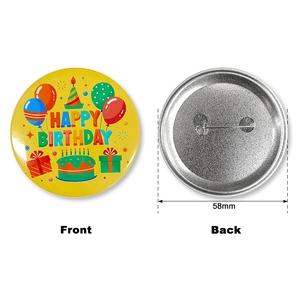 58mm Happy Birthday tinplate badge with colorful cake and balloon motifs on yellow base