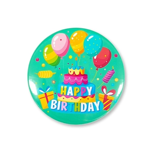 Teal Happy Birthday tinplate badge with cake and balloon designs for party favors