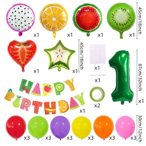 Hawaiian fruit balloon set with green number one and Happy Birthday banner for pool parties