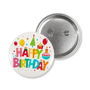 Colorful Happy Birthday tinplate pin-back button with cake and balloon patterns