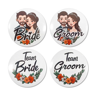 Wedding Party Badges Tinplate Pin Button Team Bride Groom Floral Cartoon Decor Accessory For Bachelorette Party Guests