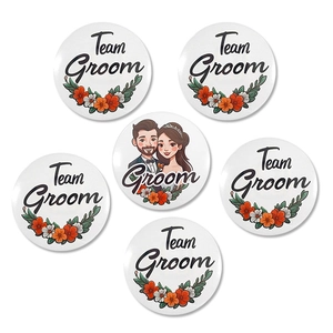Set of 6 Team Groom tinplate badges with groom illustration and floral wreaths for wedding