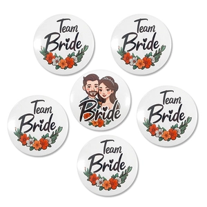 Set of 6 wedding badges including Bride and Team Bride floral tinplate pins for bridal party