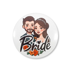 Cartoon bride and groom tinplate button badge with artistic Bride text for wedding parties