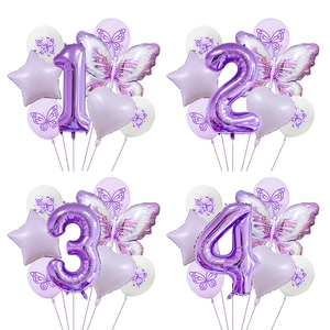 Purple Butterfly Birthday Balloon Set Metallic Aluminum Foil Number Heart Star Printing Latex Balloons For Kids Party Decoration