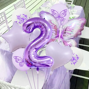 Purple butterfly theme 2nd birthday balloon set with heart and star foil decorations