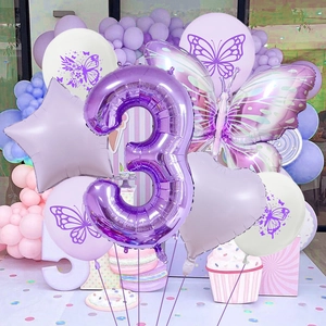 Purple butterfly party balloon set with number 3 foil and heart star shapes