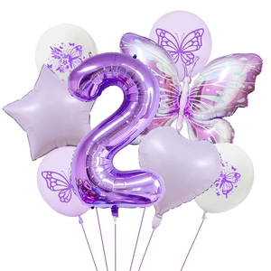 Detailed set of purple butterfly balloons with a metallic number 2 for birthday party decor