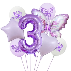 Purple butterfly balloon set with number 3 foil and star heart decorative shapes