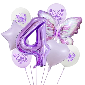 Purple butterfly 4th birthday balloon set with foil number 4 and latex balloons