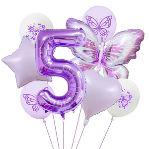 Detail of purple butterfly balloons and gradient number 5 foil balloon for birthday