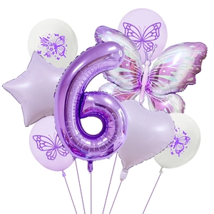 Purple butterfly 6th birthday balloon set with foil number and latex butterfly prints