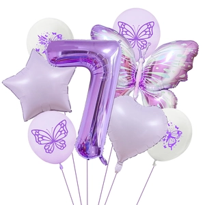 Detail of purple butterfly party balloon set with giant foil number 7 and heart shapes
