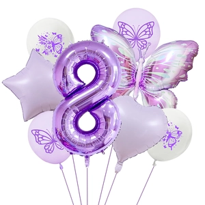 Purple butterfly party set with large number 8 balloon and heart foil decor