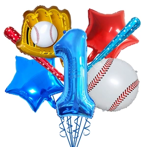 Baseball themed birthday balloon set with blue number one and aluminum foil sport shapes
