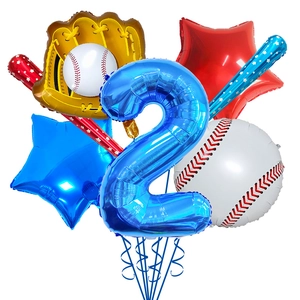 Detail of baseball theme party balloon set with large blue number two and sport equipment