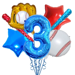 Detail view of baseball themed 3rd birthday balloon set with blue number 3 and sports shapes