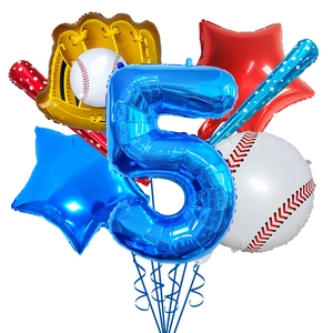 Baseball themed 5th birthday balloon set with number 5 and sport accessories for decoration