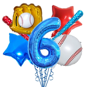 Baseball themed birthday balloon set with number 6 foil balloon and red blue stars