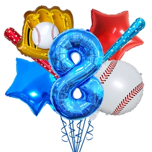 Macro detail of baseball themed birthday balloon set featuring foil number eight and sports gear