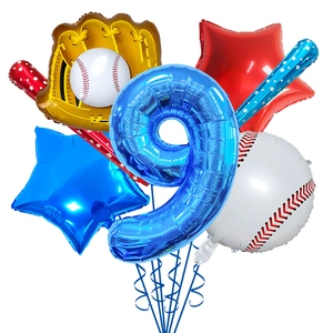 Baseball theme party set with blue number 9 and baseball glove foil balloons
