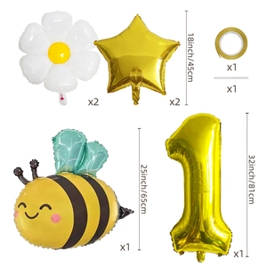 Set de ballons en aluminium marguerite, abeille et chiffre 1 doré pour anniversaire