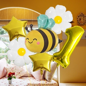 Kit ballons abeille et marguerite avec chiffre un doré pour premier anniversaire enfant