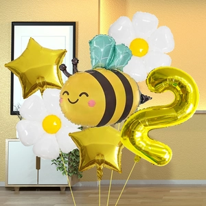 Set de ballons abeille et marguerite avec chiffre 2 doré pour déco d'anniversaire