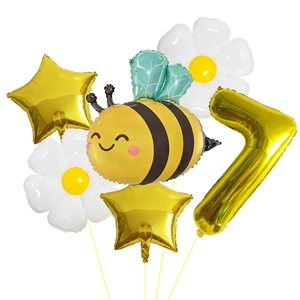 Ensemble de 6 ballons en aluminium avec abeille, marguerite, étoiles et chiffre sept doré