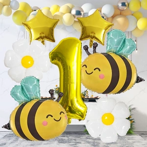Kit de ballons abeille et marguerite pour premier anniversaire avec ballon chiffre un doré